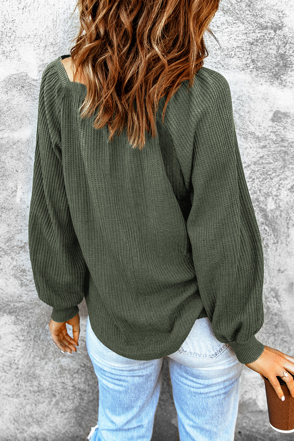 Square Neck Puff Sleeve Waffle Knit Top