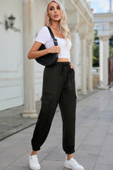 Black Satin Pocketed Drawstring Elastic Waist Pants