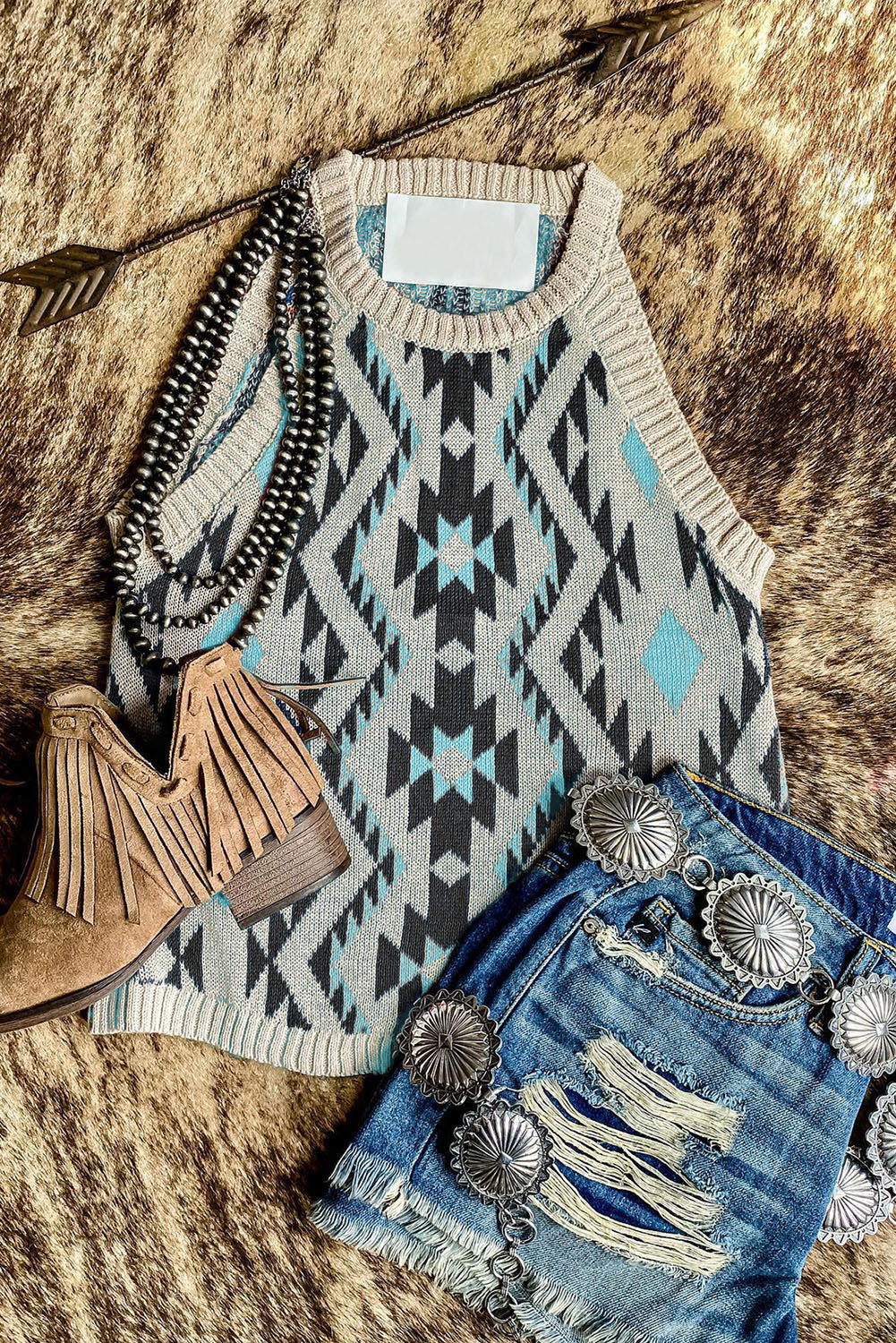 Black Aztec Geometric Print Knitted Tank Top