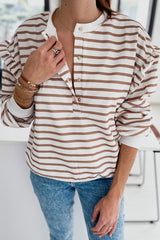 Brown Striped Ruffled Sleeve Buttoned Half-Placket Top