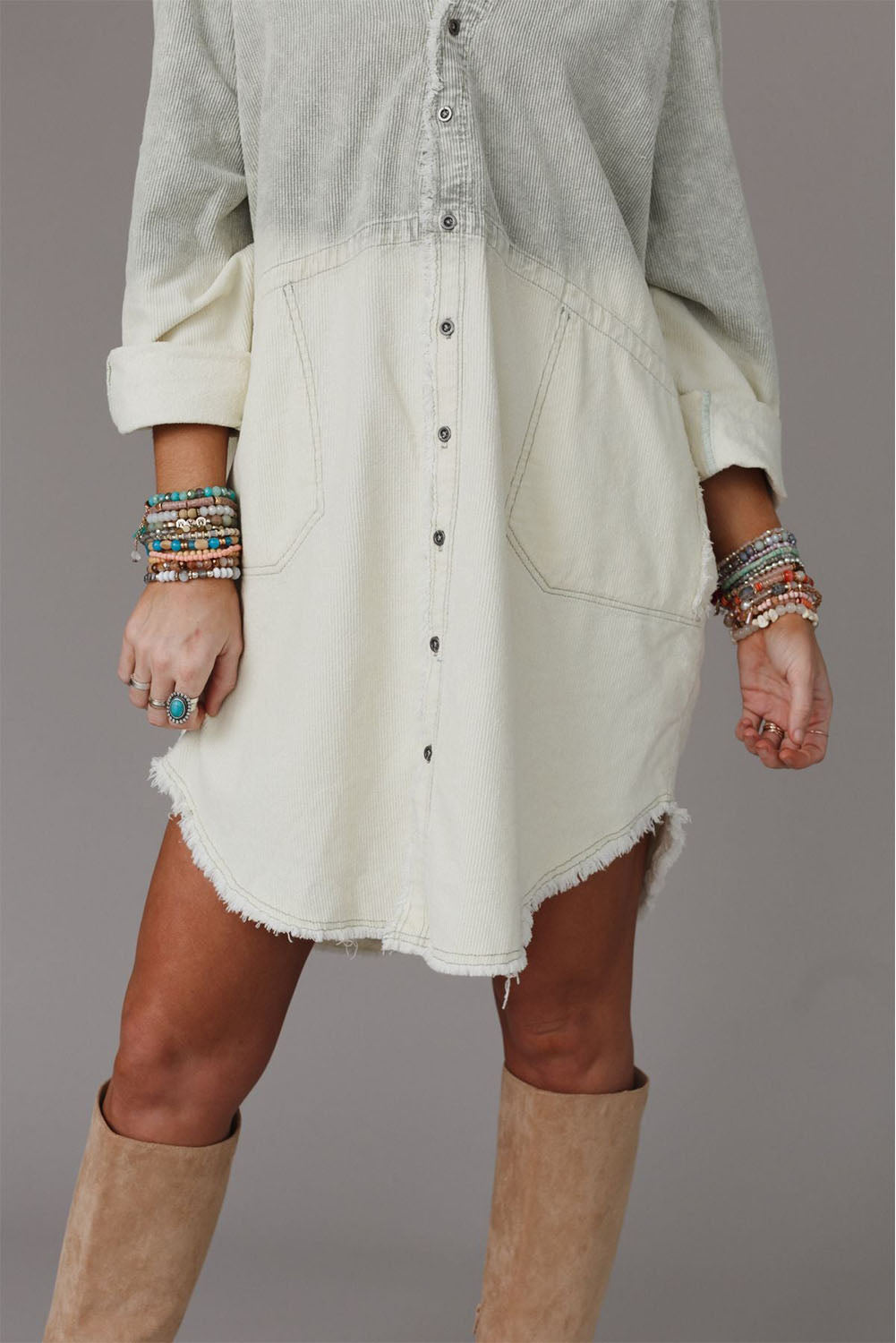 Gray Gradient Long Sleeve Button Up Raw Hem Denim Dress