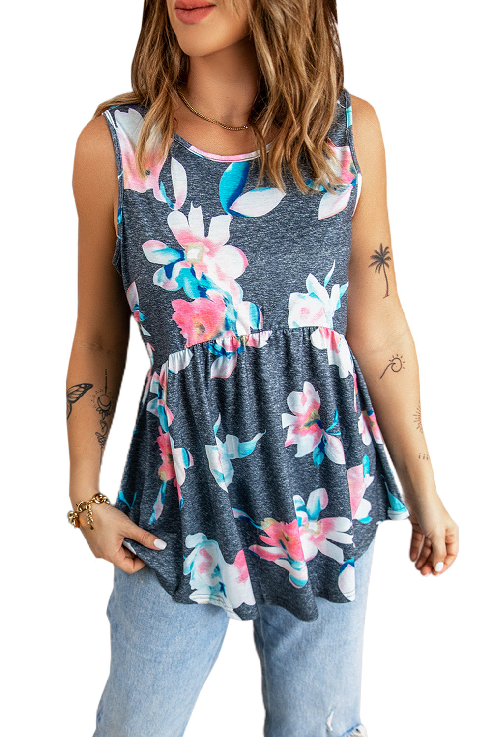 Gray Flowy Blooms Babydoll Tank Top