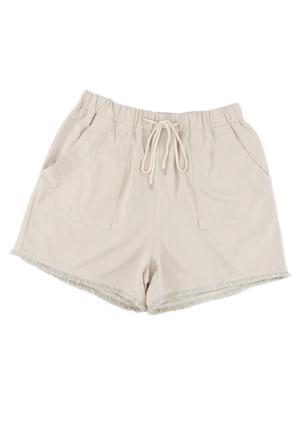 Khaki Solid Color Drawstring Frayed Hem Pocketed Shorts