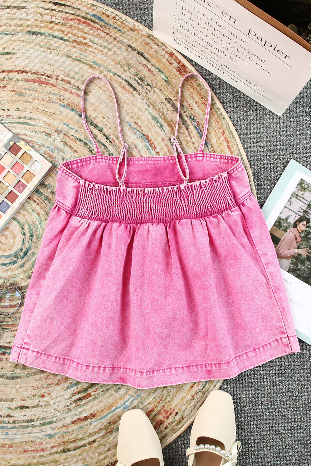 Pink Mineral Wash Denim Smocked Tank Top