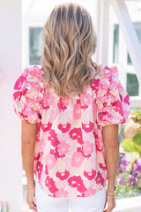 Pink Split Neck Ruffled Puff Sleeves Floral Top