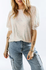 Apricot Sequin Puff Sleeve Top