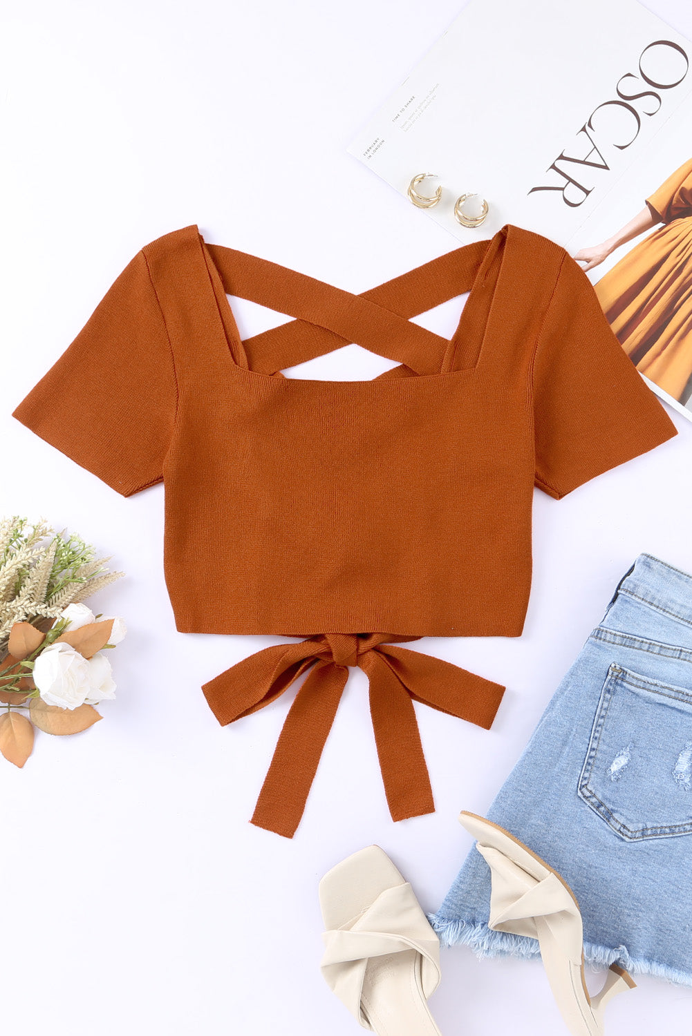 Orange Criss Cross Lace-up Ribbed Square Neck Crop Top