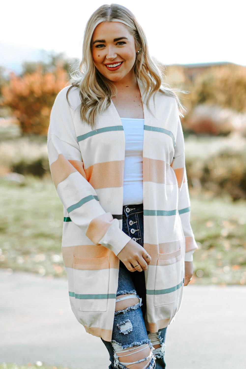 White Striped Knit Side Pockets Plus Size Cardigan