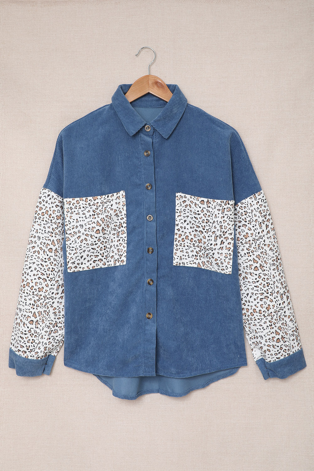 Gray Leopard Patchwork Corduroy Buttoned Shirt Jacket