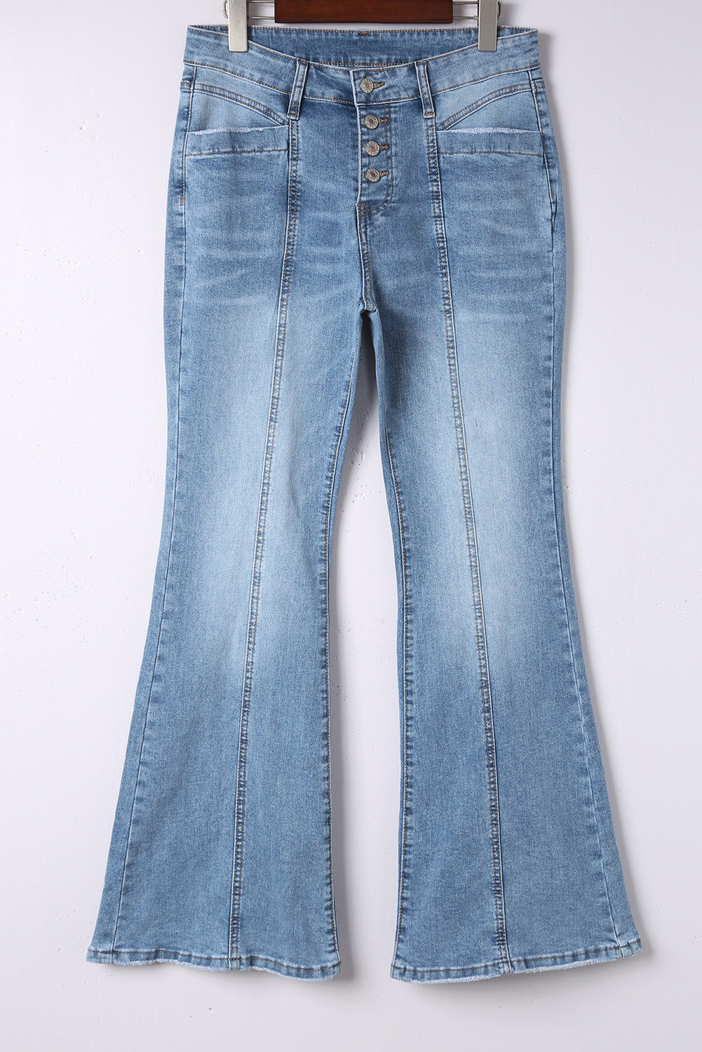 Sky Blue Button Fly Seamed Flare Jeans