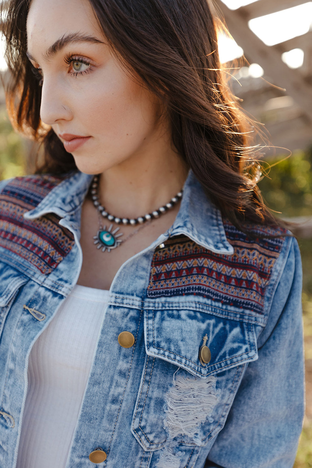 Sky Blue Distressed Tribal Patch Denim Jacket