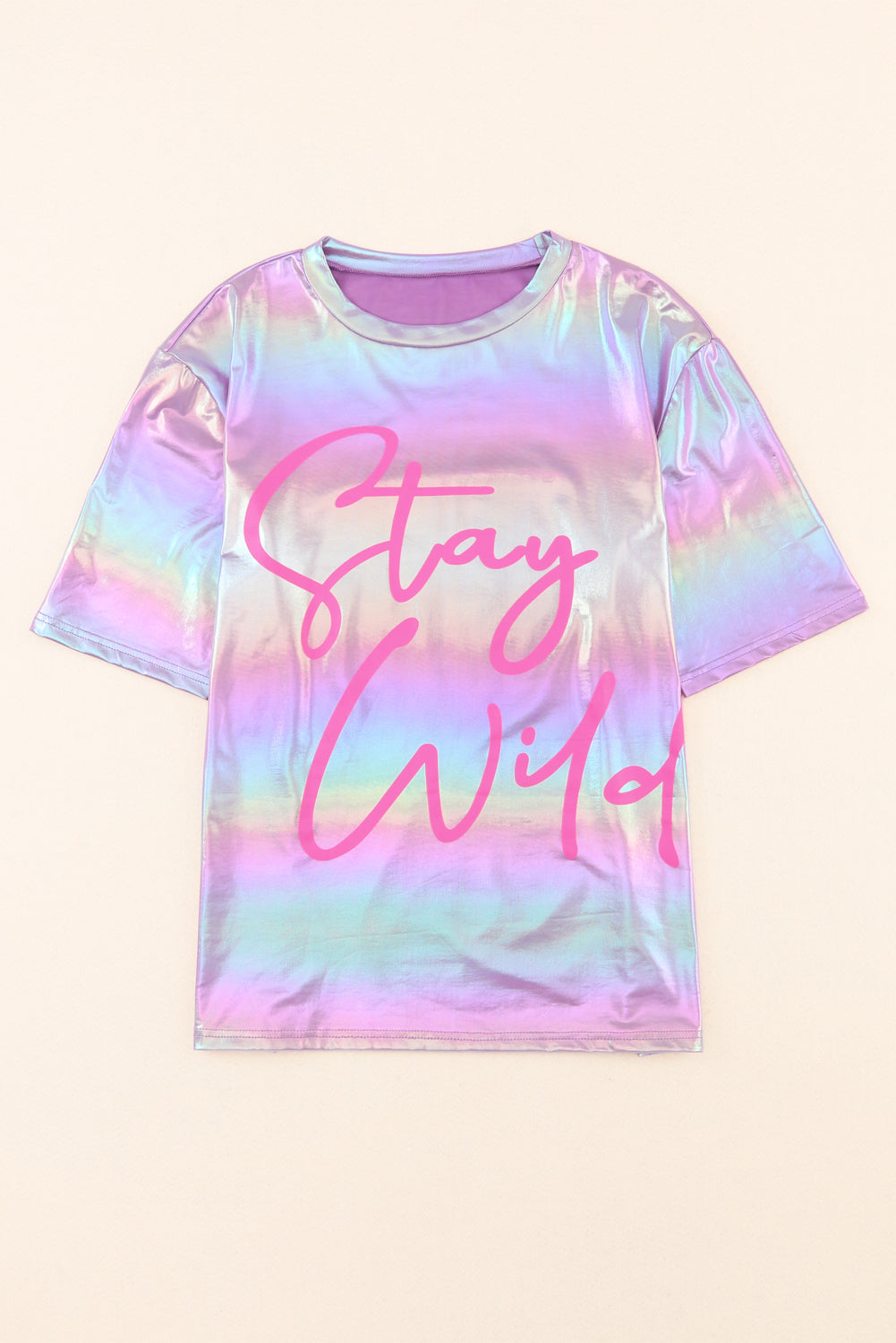 Purple Shiny Iridescent Stay Wild Graphic Oversized Tee