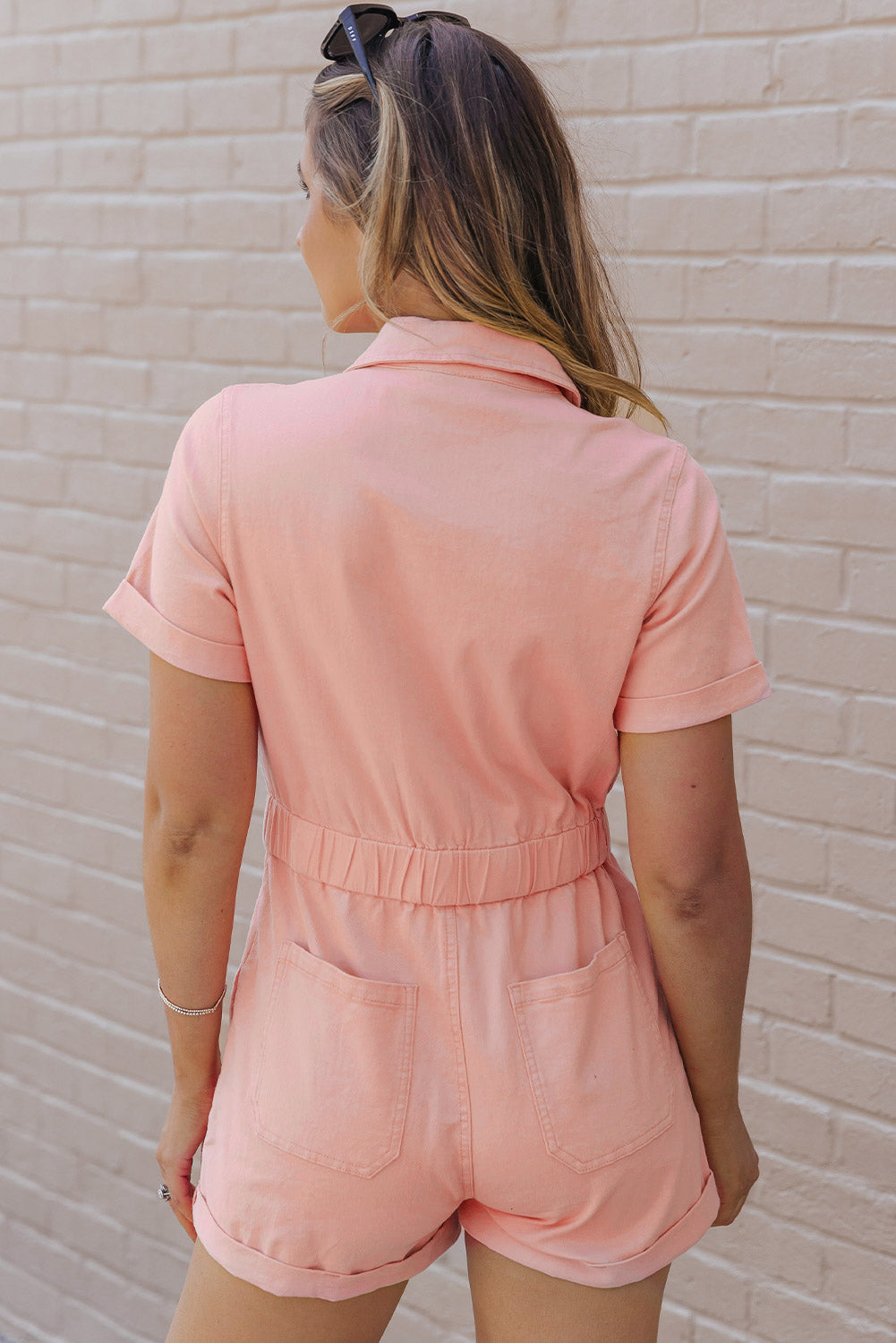 Pink Pocketed Button Down Denim Romper