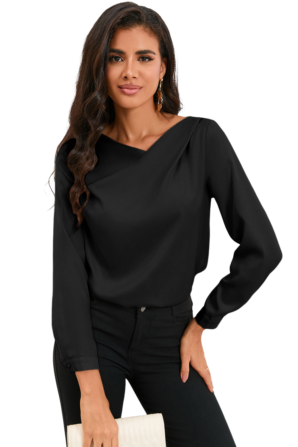 Apricot Solid Asymmetric V Neck Long Sleeve Satin Blouse