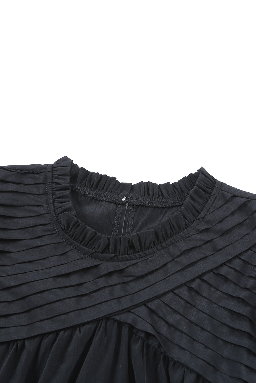 Black Ruffle Sleeve Pleated Yoke Loose Top