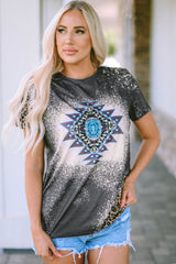 Gray Aztec Geometric Leopard Print Short Sleeve T Shirt