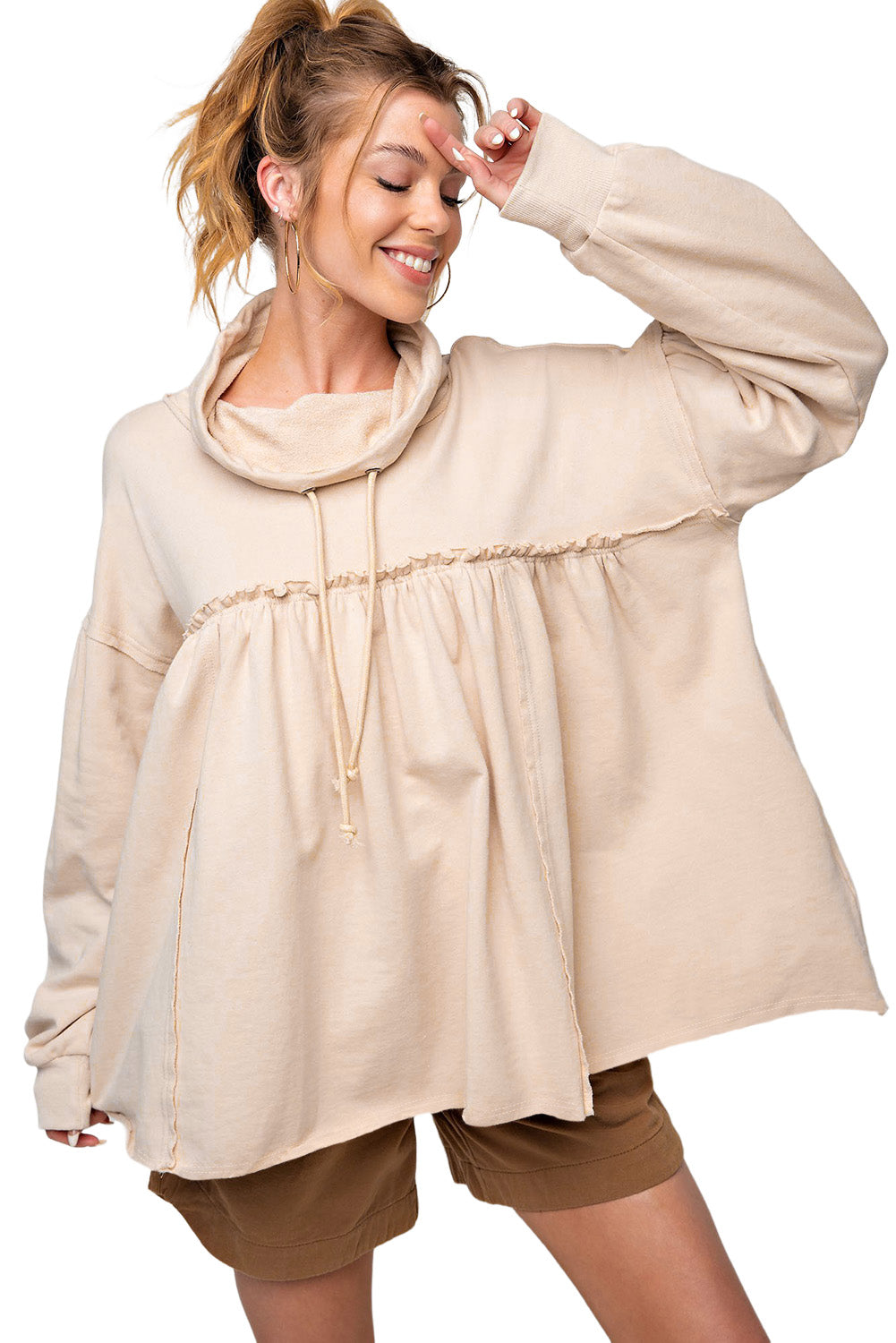 Beige Frill Exposed Seam Cowl Neck Oversized Sweatshirt