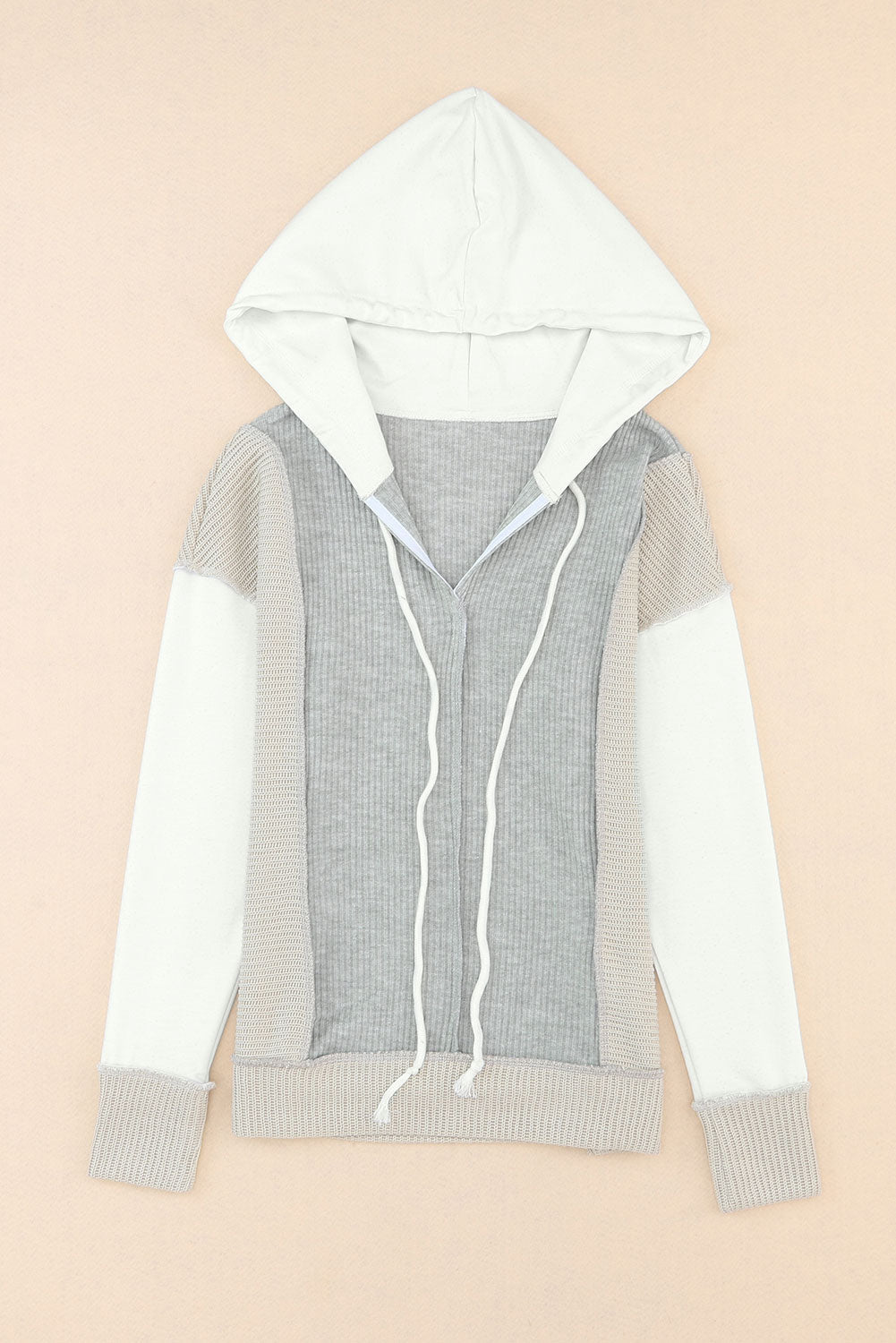 Gray Long Sleeve Textured Knit Patchwork Hoodie