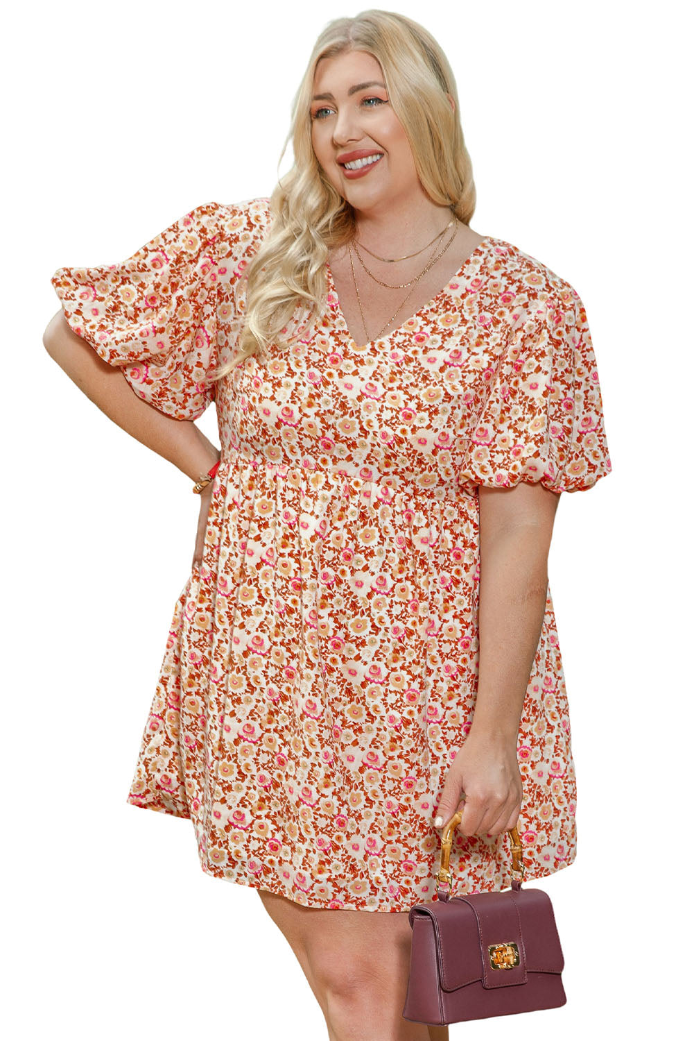 Multicolor Plus Size Floral Print Puff Sleeves Dress