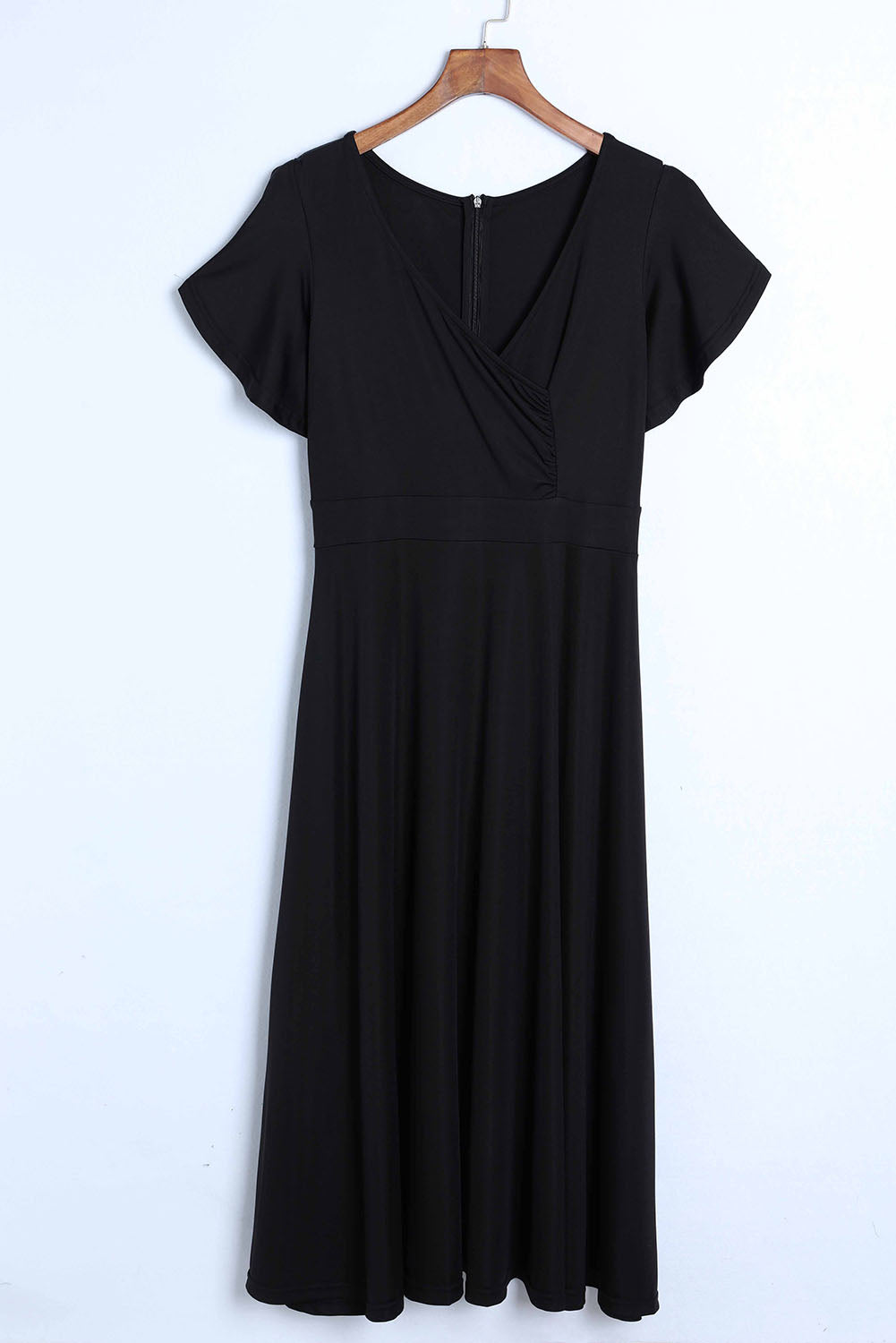 Black Ruffled Sleeve Wrap V Neck Midi Dress