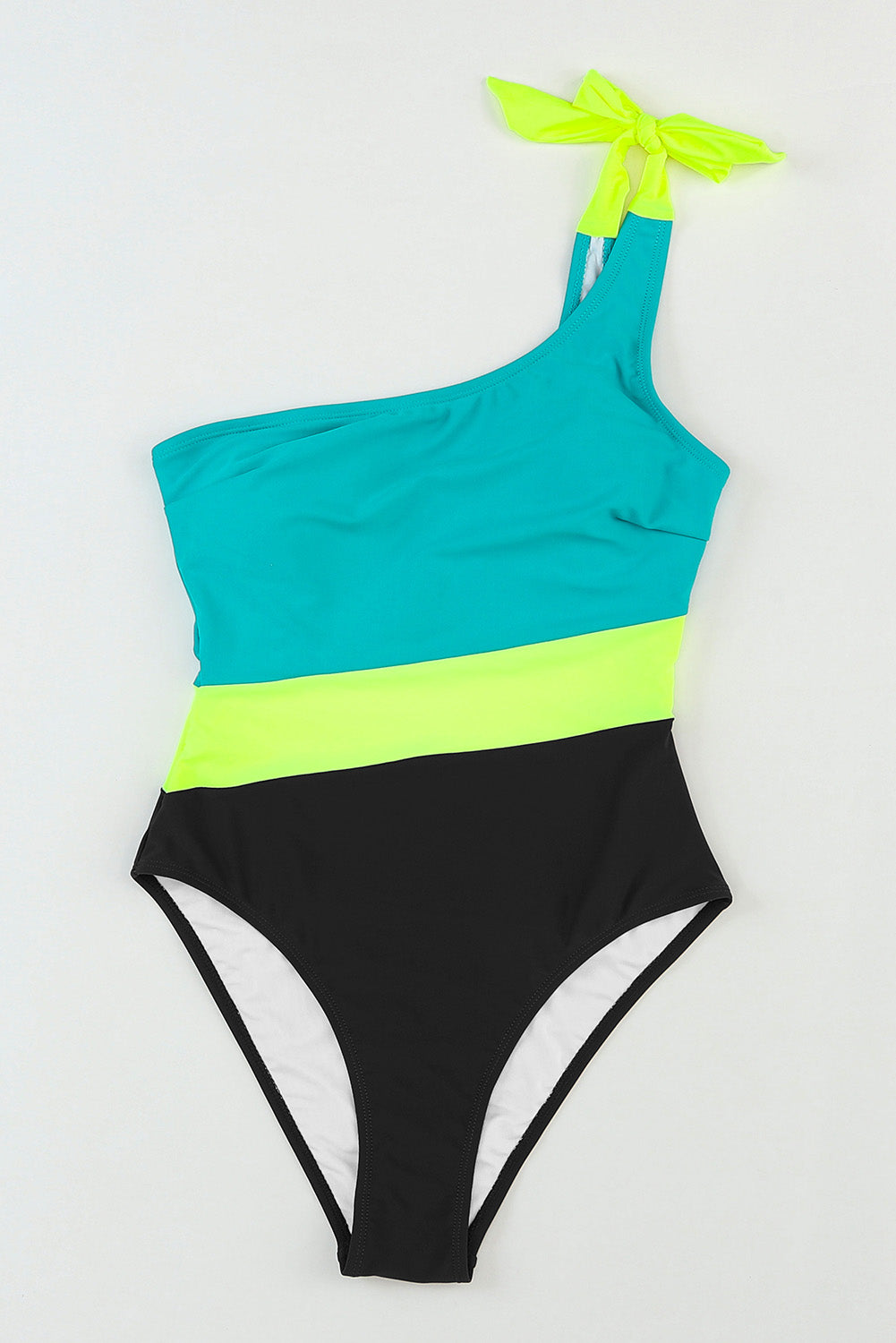 Green Asymmetric One-shoulder Colorblock One-piece Swimsuit