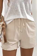 Khaki Solid Color Drawstring Frayed Hem Pocketed Shorts