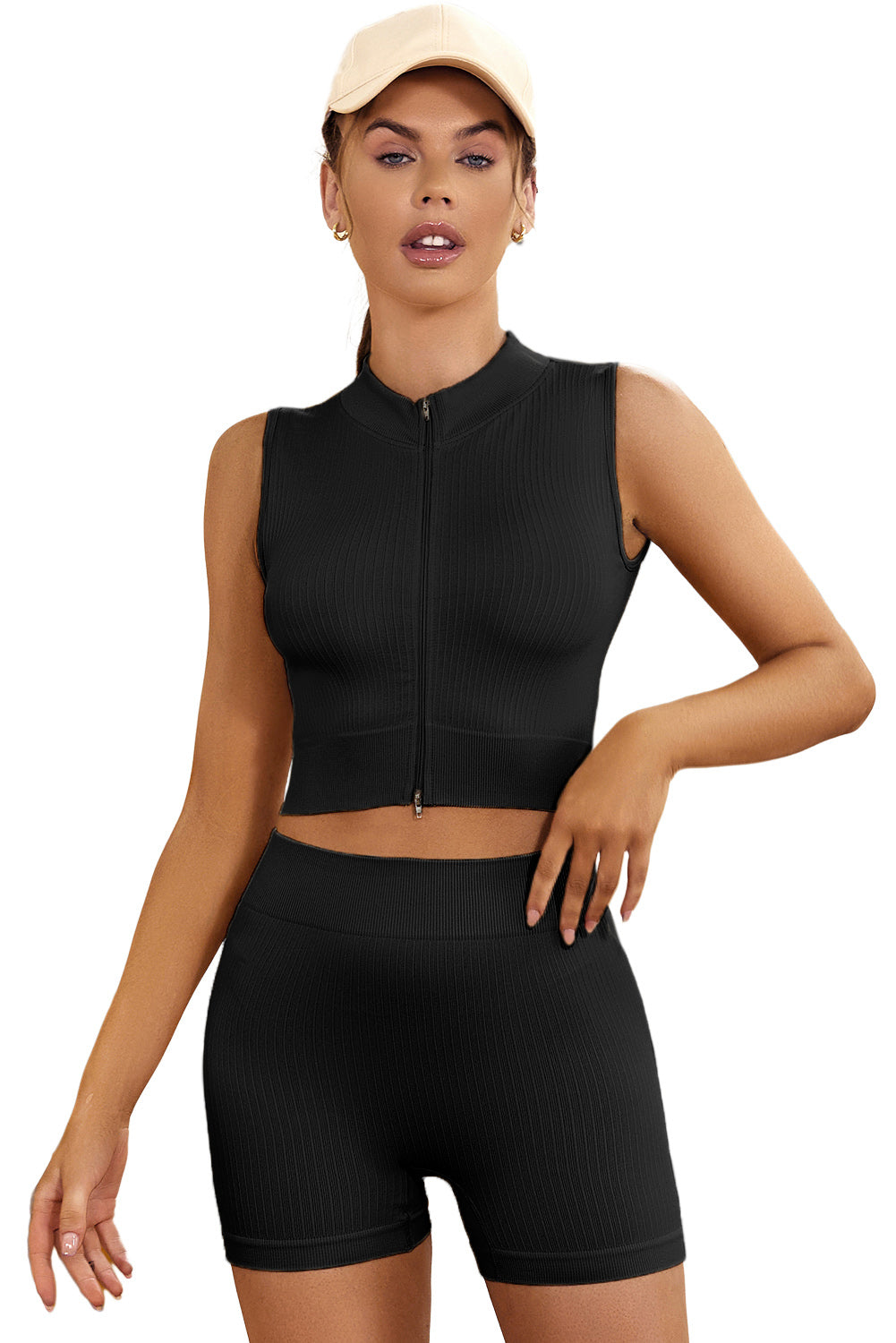 Black Solid Color Zip up Sleeveless Active Crop Top