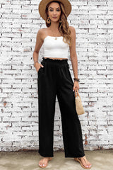 Black Wide Leg Elastic Waist Casual Pants with Pockets