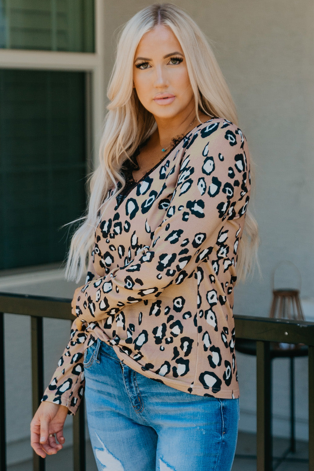 Leopard Print Lace Trim V Neck Top