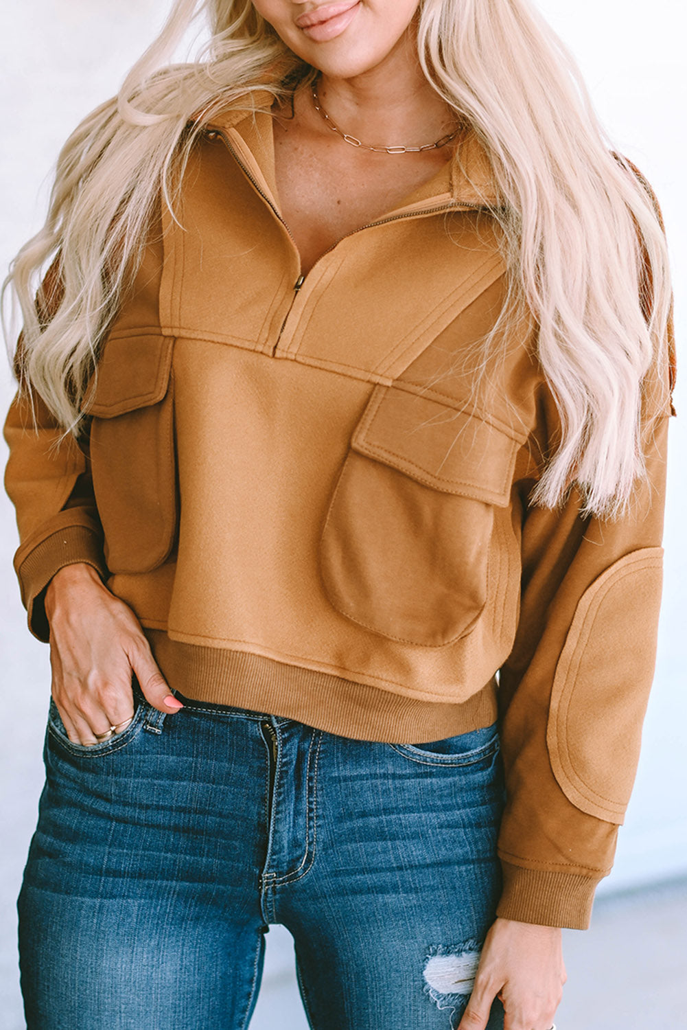 Brown Zip Collared Big Flap Pocket Exposed Seam Sweatshirt