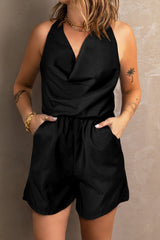 Black Plain V Neck Backless Sleeveless Romper