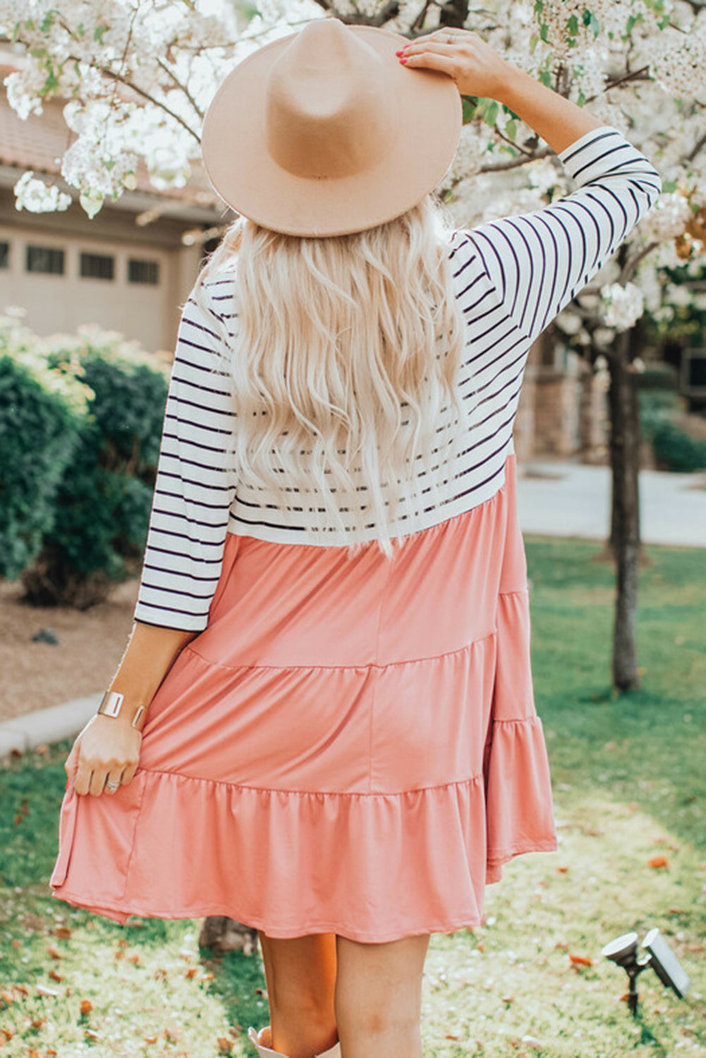 Striped Patchwork Tiered Ruffle T Shirt Dress