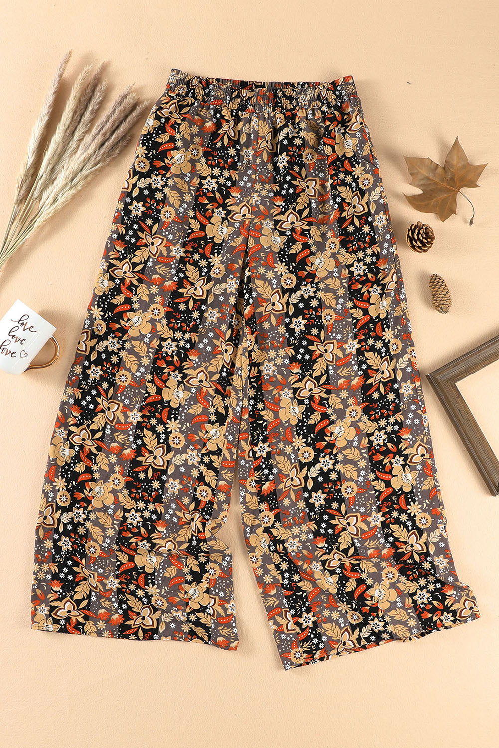 Black Floral Print High Waist Wide Leg Pants