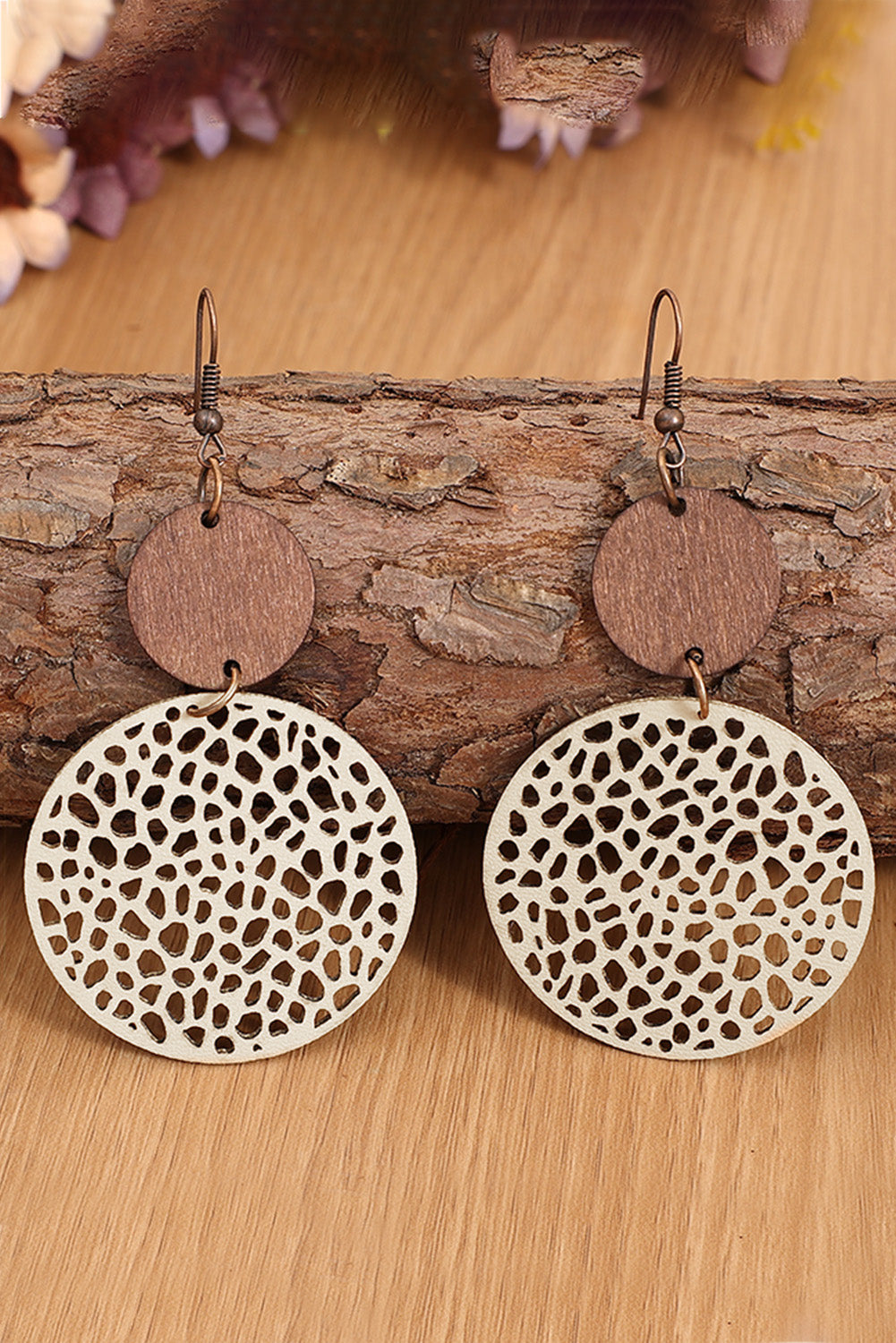 Black Hollow Out Wooden Round Drop Earrings