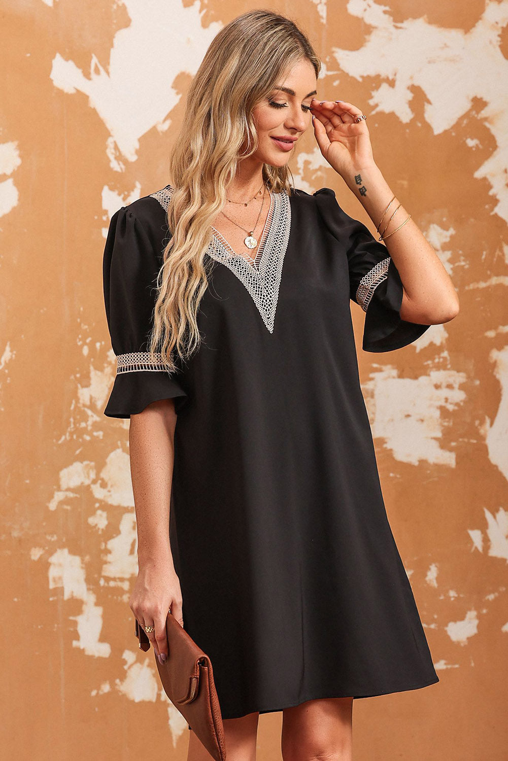 Black Lace Crochet Splicing V Neck Shift Dress