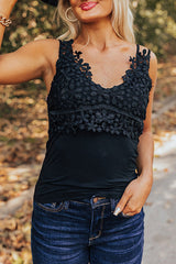 Black V Neck Floral Crochet Tank Top