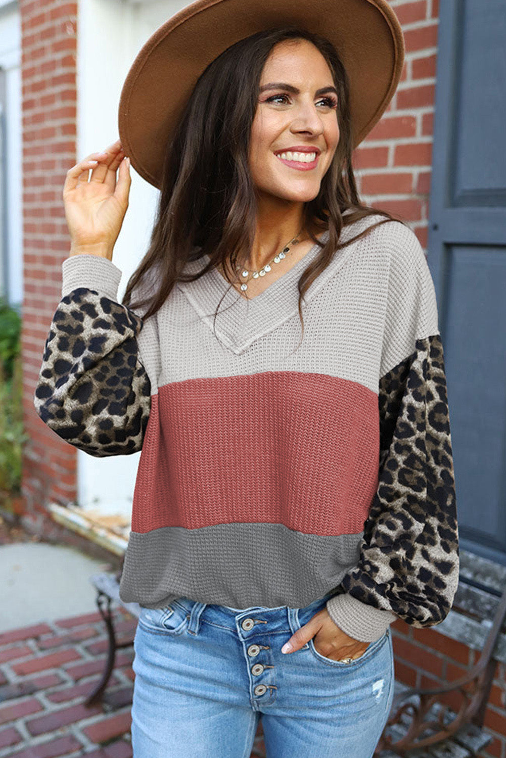 Red Wild Leopard Contrast Sleeve Colorblock Waffle Knit Top