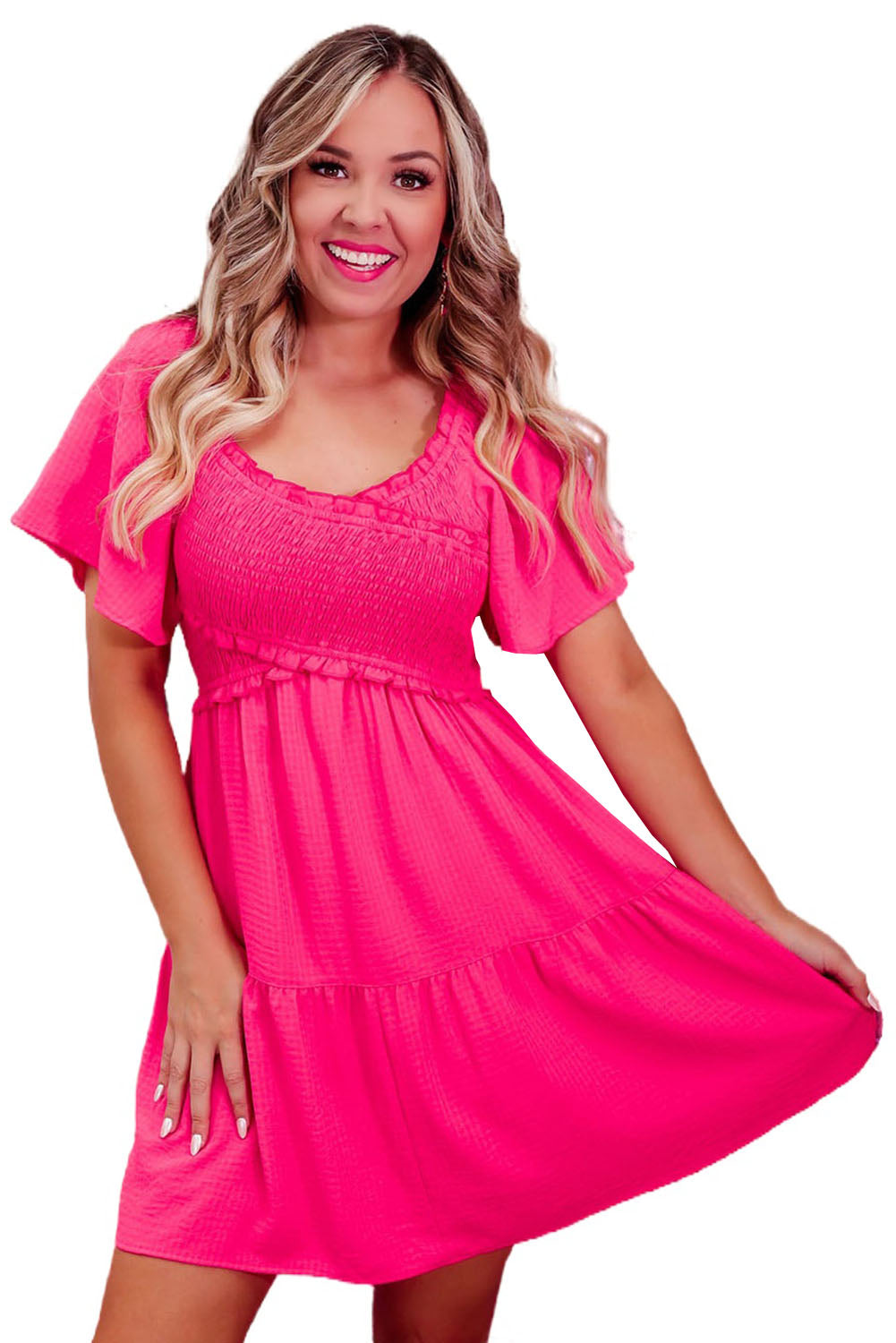 Rose Crossover Smocked Flutter Sleeve Mini Dress