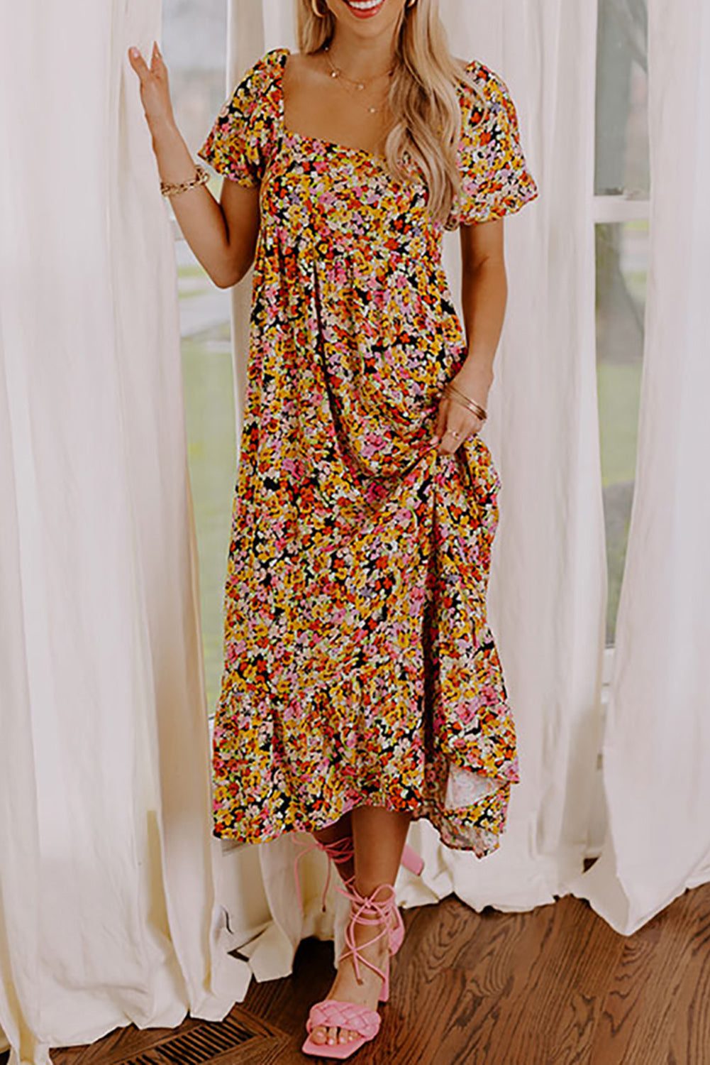 Yellow Puff Sleeve Square Neck Open Back Floral Midi Dress