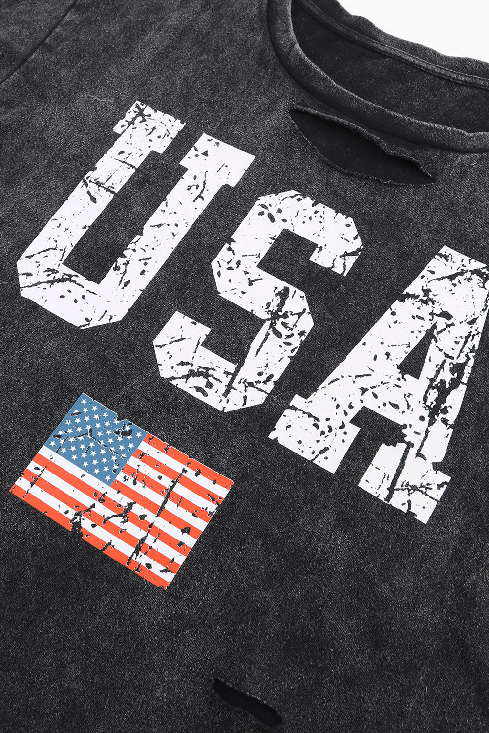 Black Distressed Tie-dye USA Flag Print T-shirt