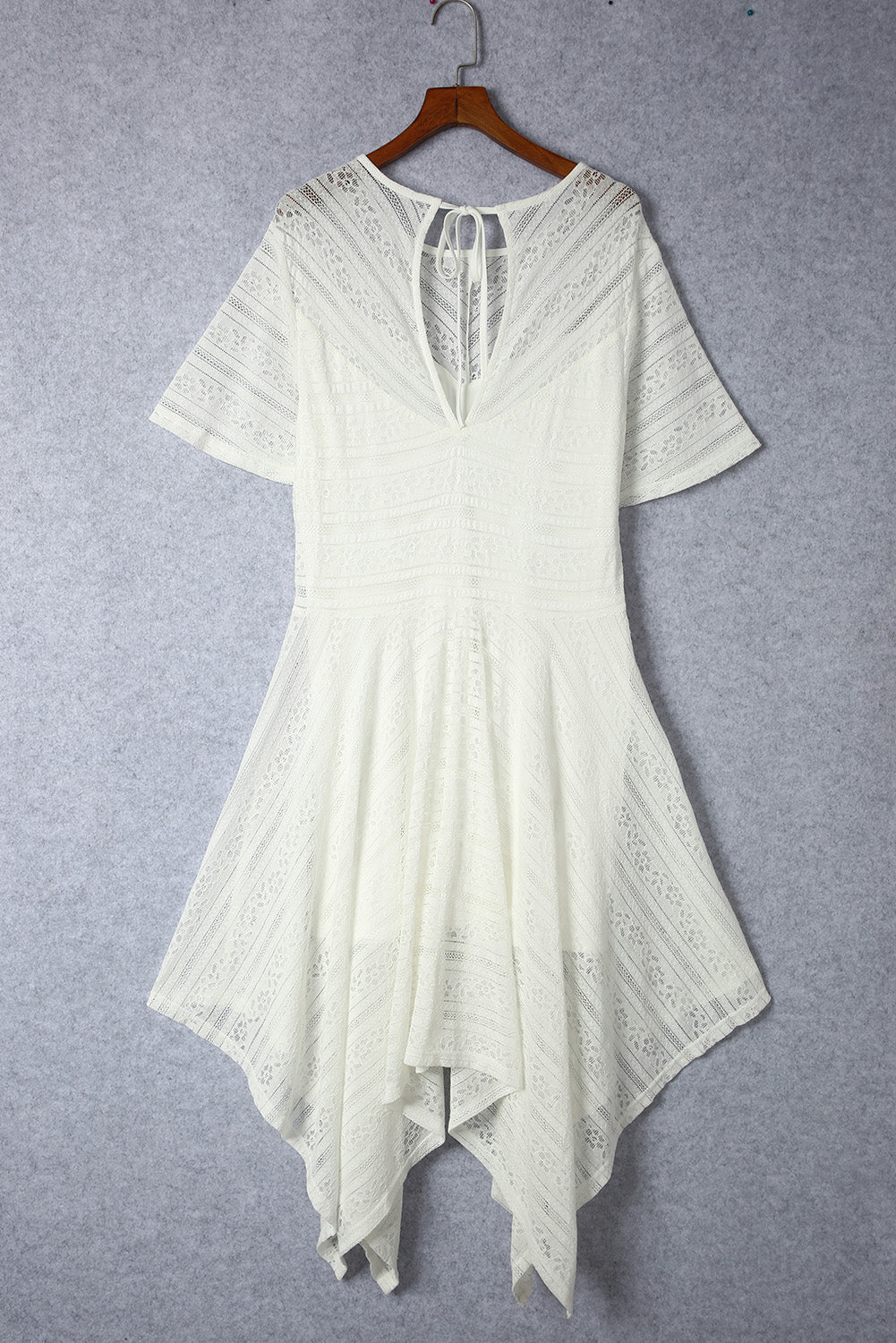 White Plus Size Lace Striped Texture Handkerchief Hem Dress