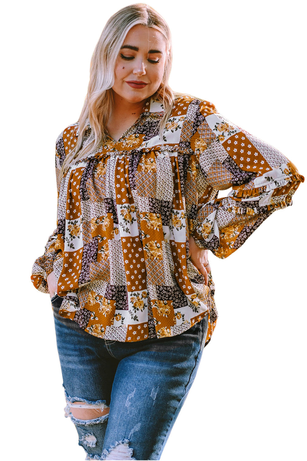 Apricot Turn-down Neck Mixed Print Plus Size Shirt