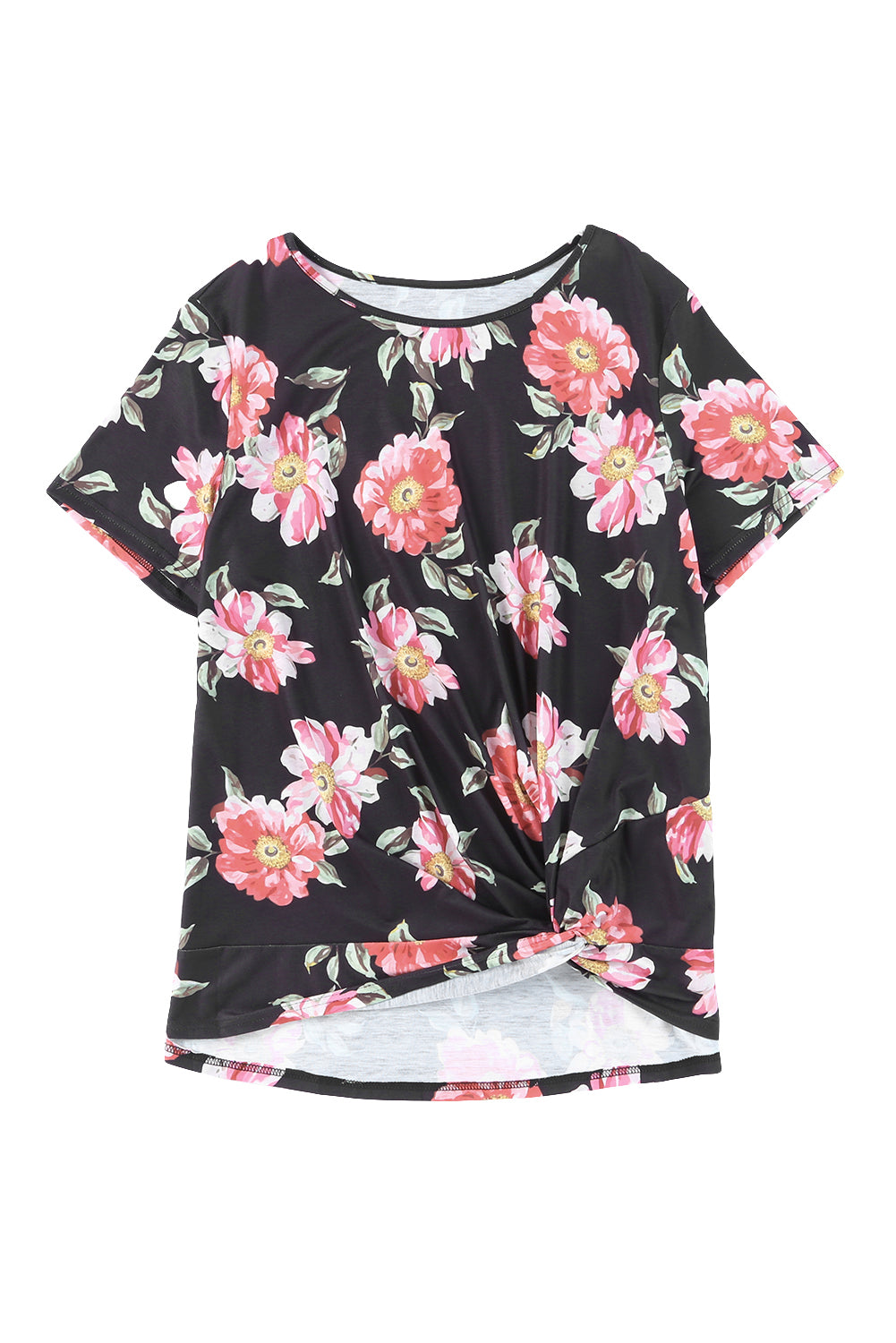 Black Plus Size Floral Print Twist Knot Top