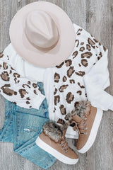 White Leopard Patchwork V Neck Long Sleeve Top