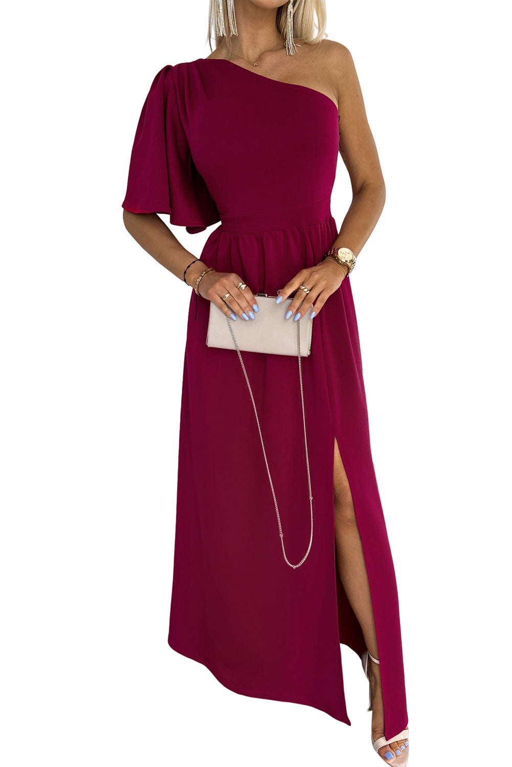 Rose One Shoulder Ruffle Sleeve Maxi Dress with Slit