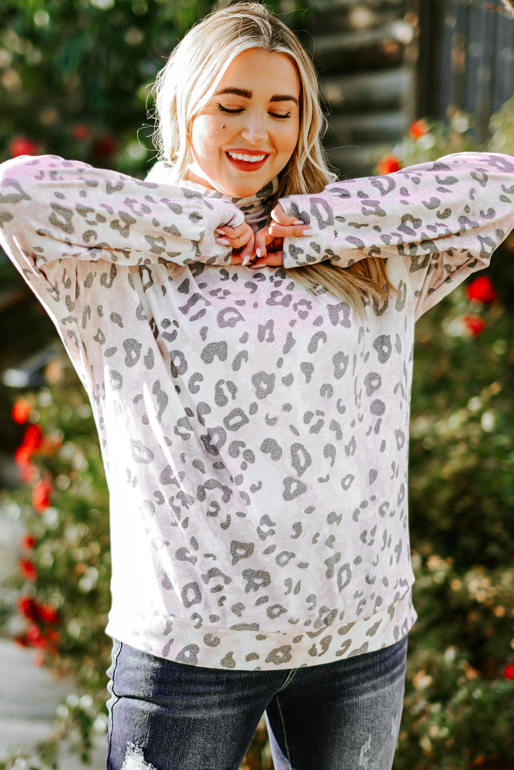 Leopard Print Brushed Fleece Cowl Neck Plus Size Top