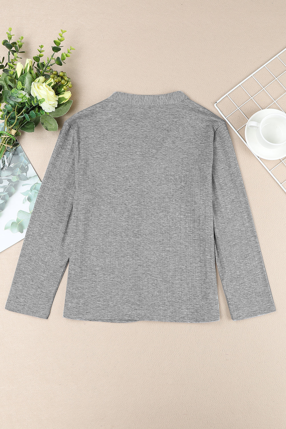 Gray Buttons Front Split Neck Rib Knit Pullover Top