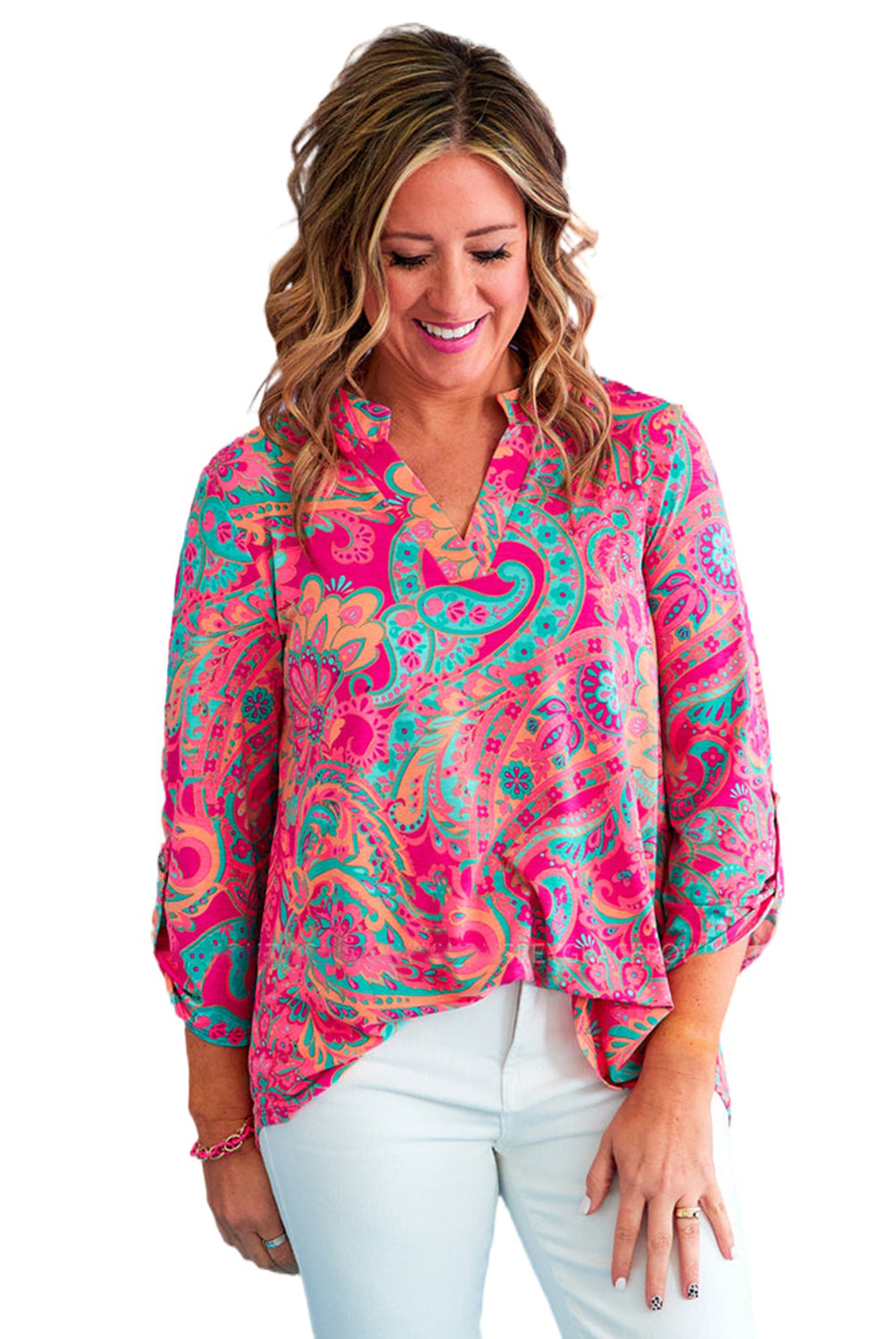 Rose Plus Size Paisley Print V Neck Roll Tab Sleeve Blouse