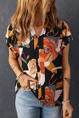 Black Floral Print Stand Collar Split V Short Sleeve Blouse