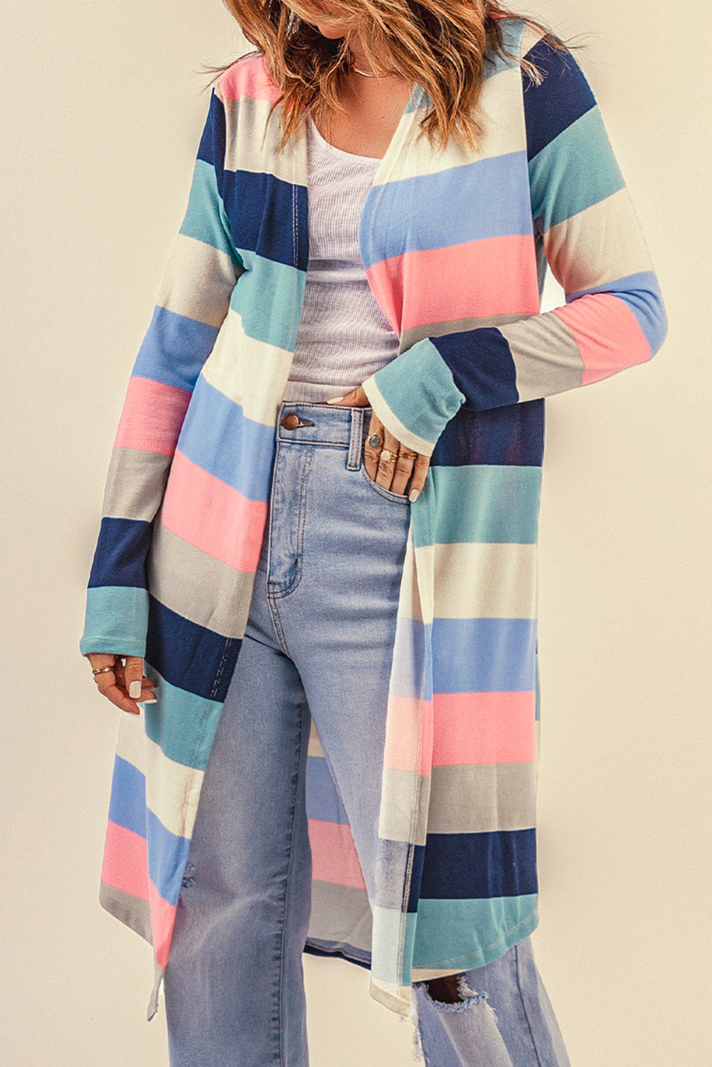 Multicolor Print Colorblock Long Cardigan